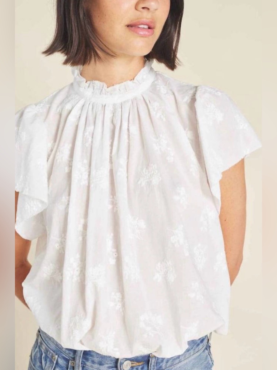 Trovata Birds Of Paradis Carla Flutter Sleeve Top White Stitched Posey Med Nwt